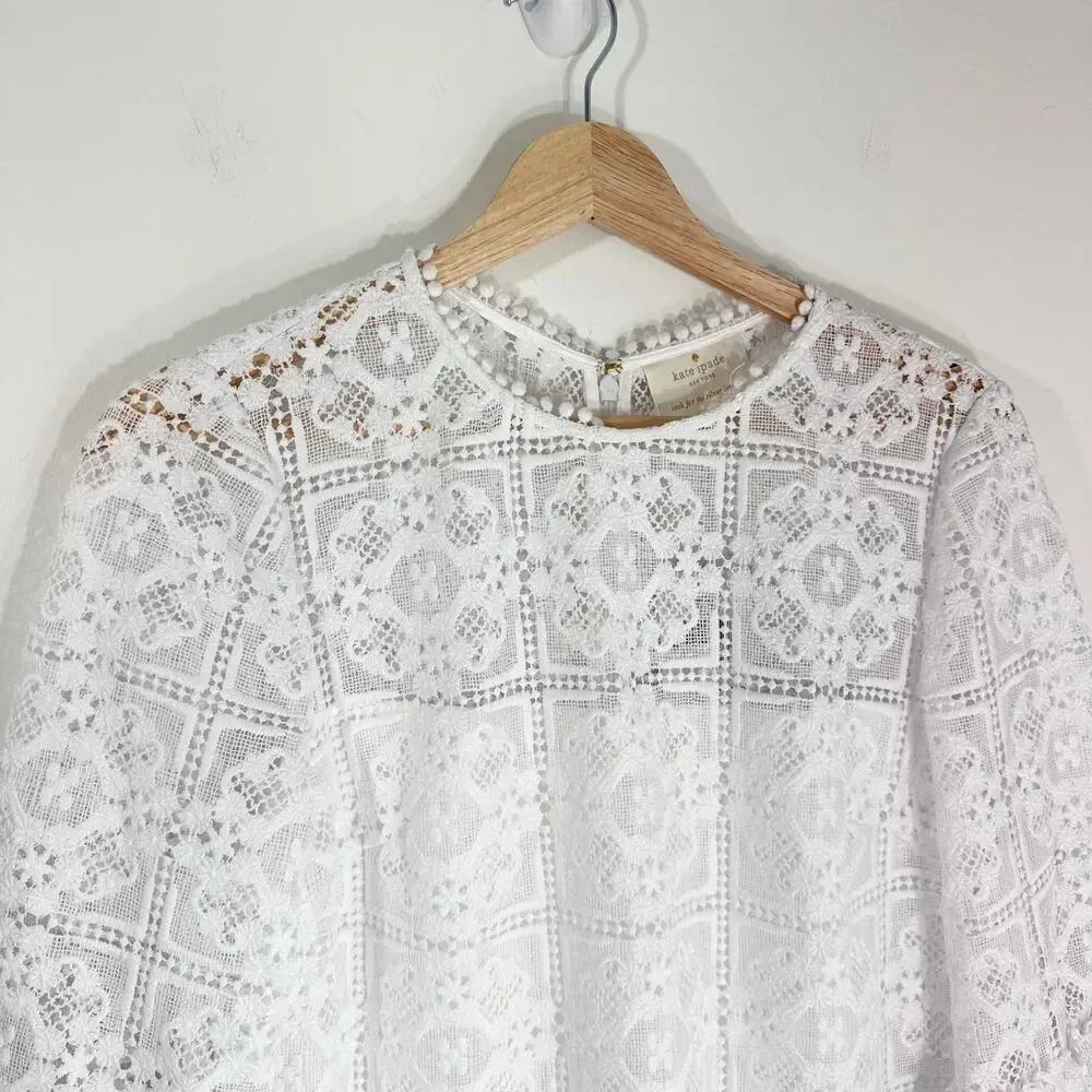 NWT Kate Spade Lace Flounce Shift Dress Crochet | Fresh White | SZ‎ 6